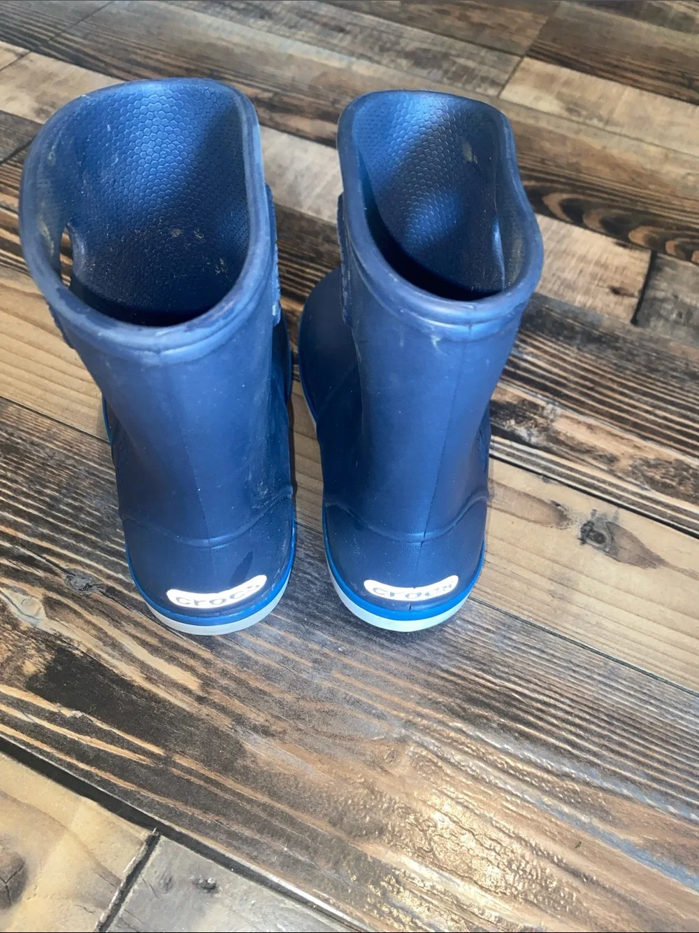 CROCS Kids Navy Blue Rain Boots with Light Blue Trim size 9C